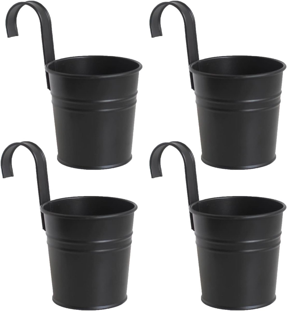 Een set van 4 hangende bloempotten - metalen hangende vazen ​​- bloememmers met haken - drainagegaten aan de onderkant - afneembare haken - perfect voor het decoreren van tuinen en balkons (zwart - mini).