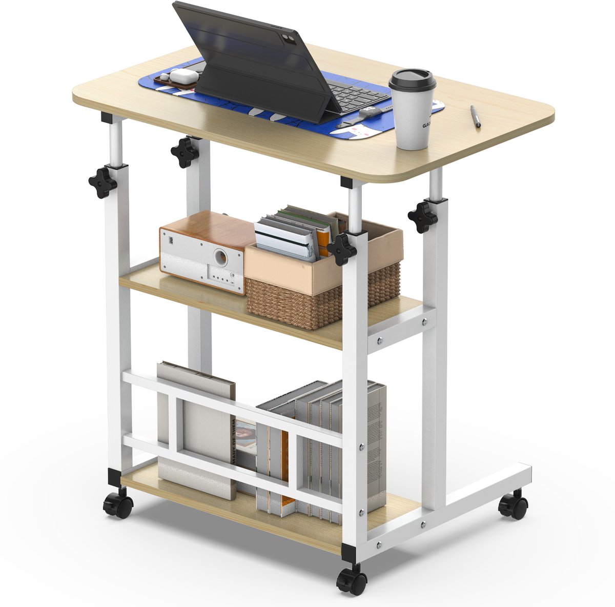 Soontrans - Verstelbaar Bureau - Twee Niveaus – Rolbaar Bureau Met Vergrendelbare Wielen - 60x40cm - Ruimtebesparende Mobiele Werkplek Voor Slaapkamers - In Hoogte Verstelbaar 56-82cm -Draagbaar Computerbureau - Opbergplanken – Houtnerfopties