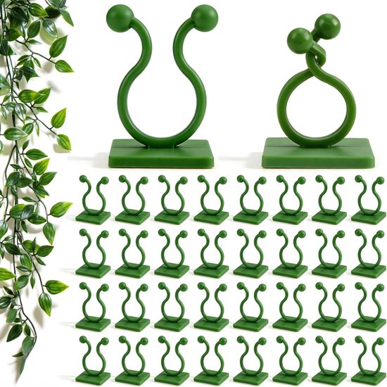 Twee groene plantenclips met een lus en balletjes aan de bovenkant, met ernaast een raster van 30 kleine groene clips.