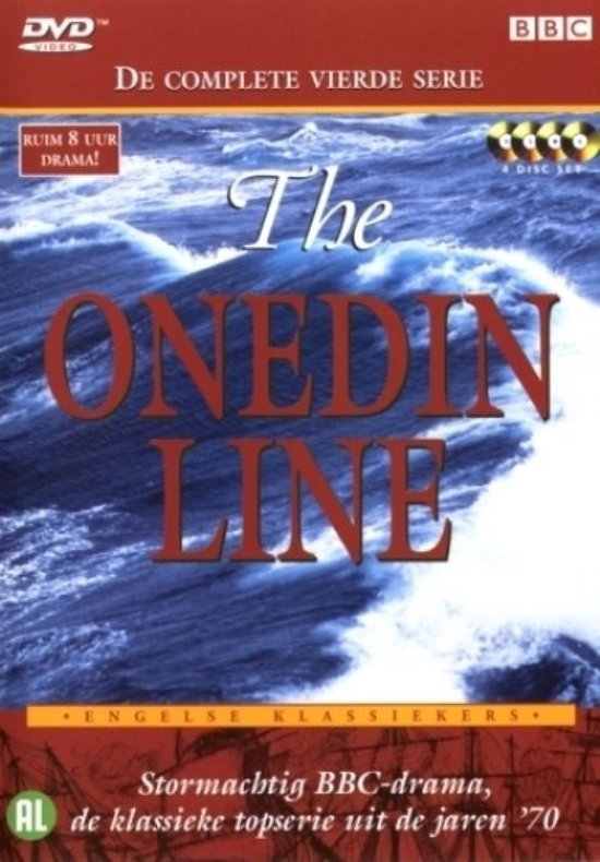 DVD hoes van The Onedin Line, Deel 4. Met de titel in rode letters op een achtergrond van de woeste zee.