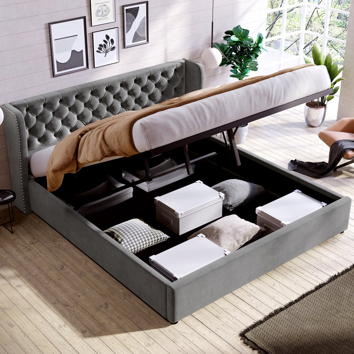 Zubaliya Polsterbed 180x200, oorvormig fluwelen bed, Chesterfield-stijl, hydraulisch opbergbed, lattenbodem, grote knoopnaden, grijs, zonder matras