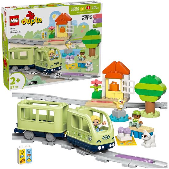 Set LEGO Duplo Train d'Aventure Interactif avec train, rails, maisonnette, arbre, figurines et chien.