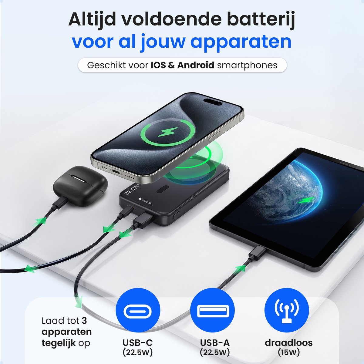 Siltcon® Draadloze Powerbank 10000 mAh - Geschikt voor MagSafe 15W - Powerbanks - Noodpakket - Magnetisch Opladen - USB-C 22.W - USB-A 18W - LED Display - Universeel Telefoons, Tablets & Meer - Ultra Dun — afbeelding 3