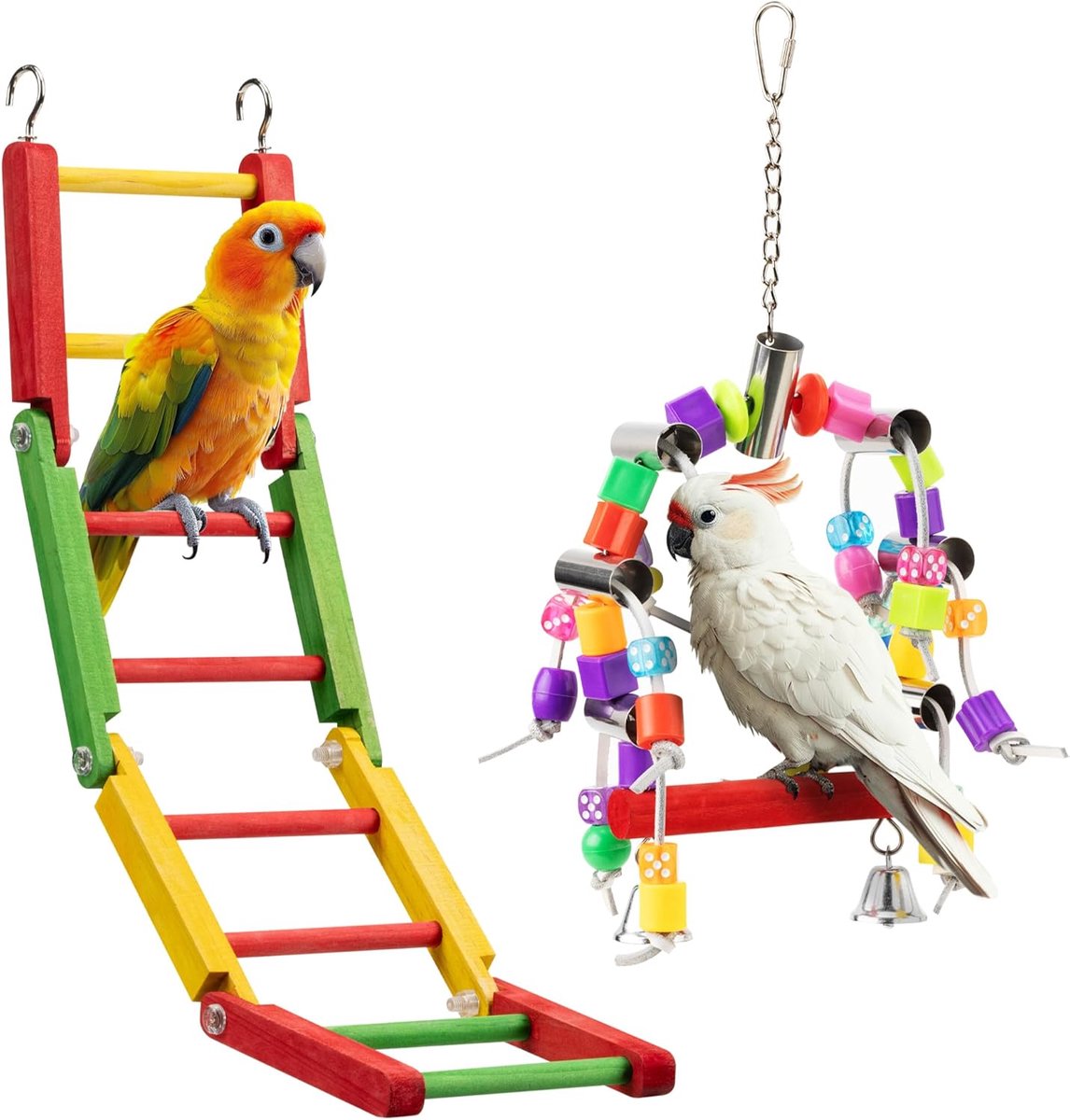 Vogelspeelgoed Set - Schommel Ladder - Vogelkooi Stimulatie - Opvouwbaar Inklapbaar - 340 Gram - Regenboogkleuren