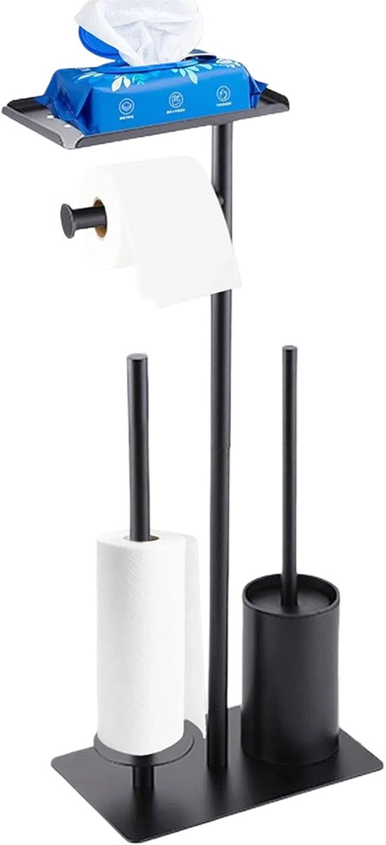 Staande Toiletpapierhouder met Plankje - 3 in 1 - Staand - WC Rolhouder met WC Borstel - Toiletrolhouder Staand - Vrijstaand Zonder Boren - Reserverolhouder - voor 3 Reserves - Toilethouder Standaard - Badkamer Organizer - Zwart