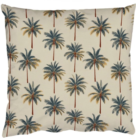 Coussin carré avec un imprimé répétitif de palmiers sur fond clair.