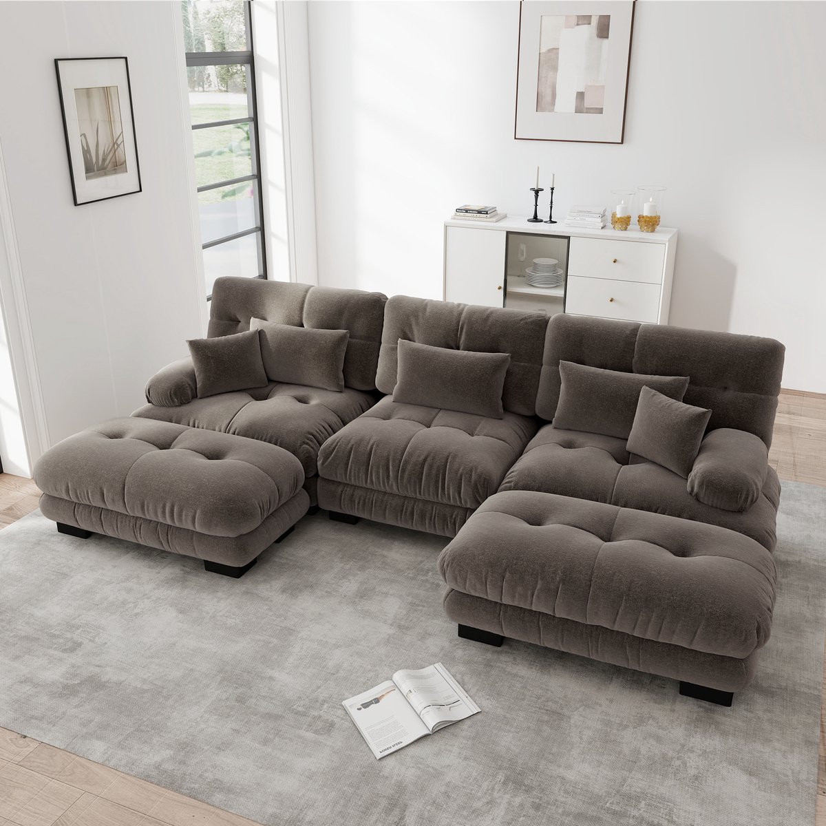 Wishdor - Modulaire Hoekbank - Diepe Zitting - Vintage - Voor Woonkamer - Chenille - Bruin