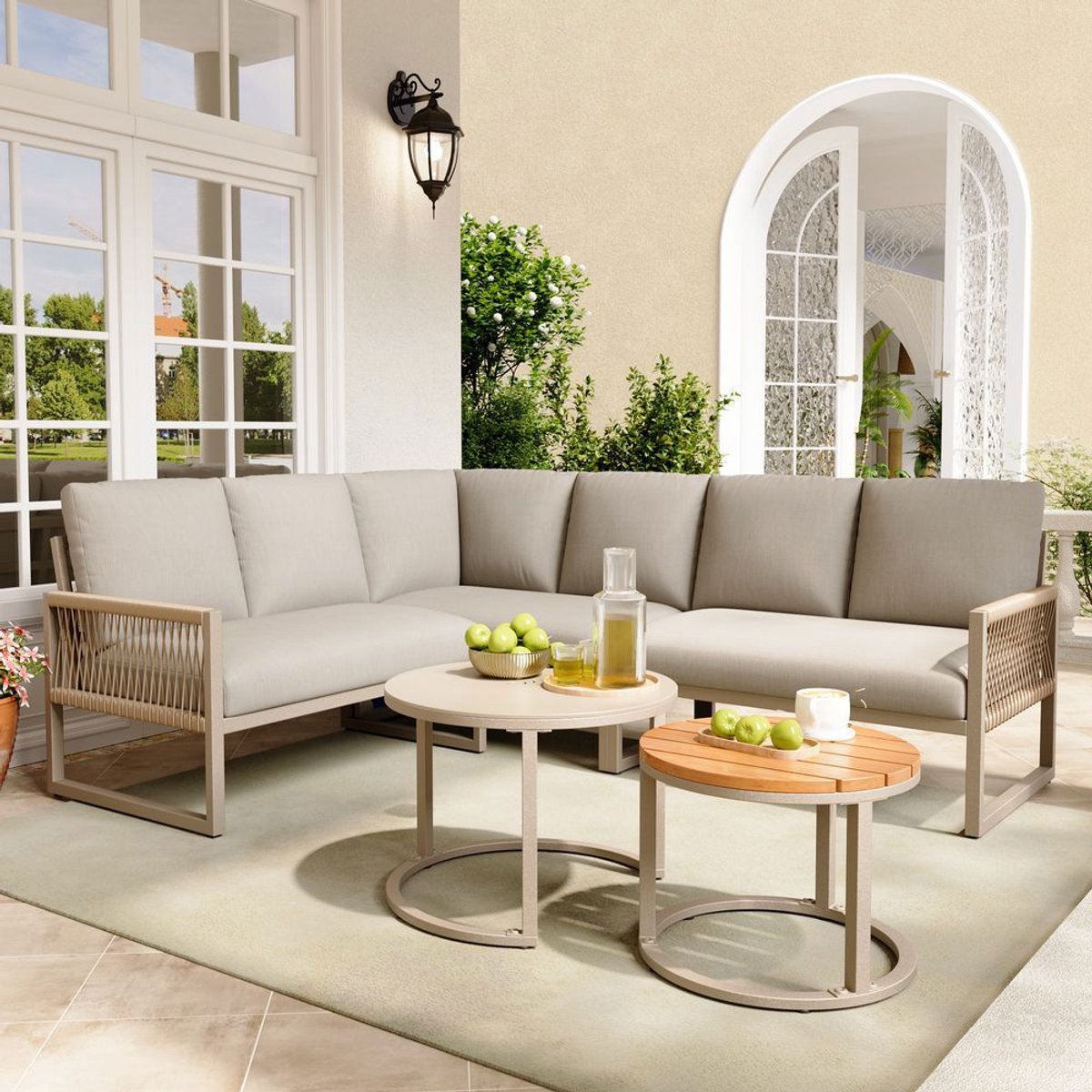 BLACKCOLORS Tuinset, meubelset voor 6-7 personen, hoekbank met gegalvaniseerd ijzeren frame, verstelbare poten, inclusief alle zit- en rugkussens, beige thumbnail 5