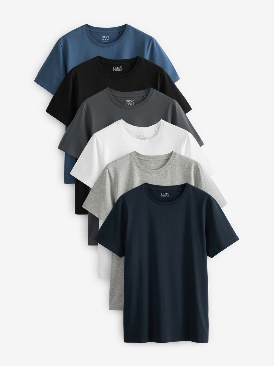 Next - Heren - Set van 6 basic T-shirts van katoen met standaard pasvorm - Blauw