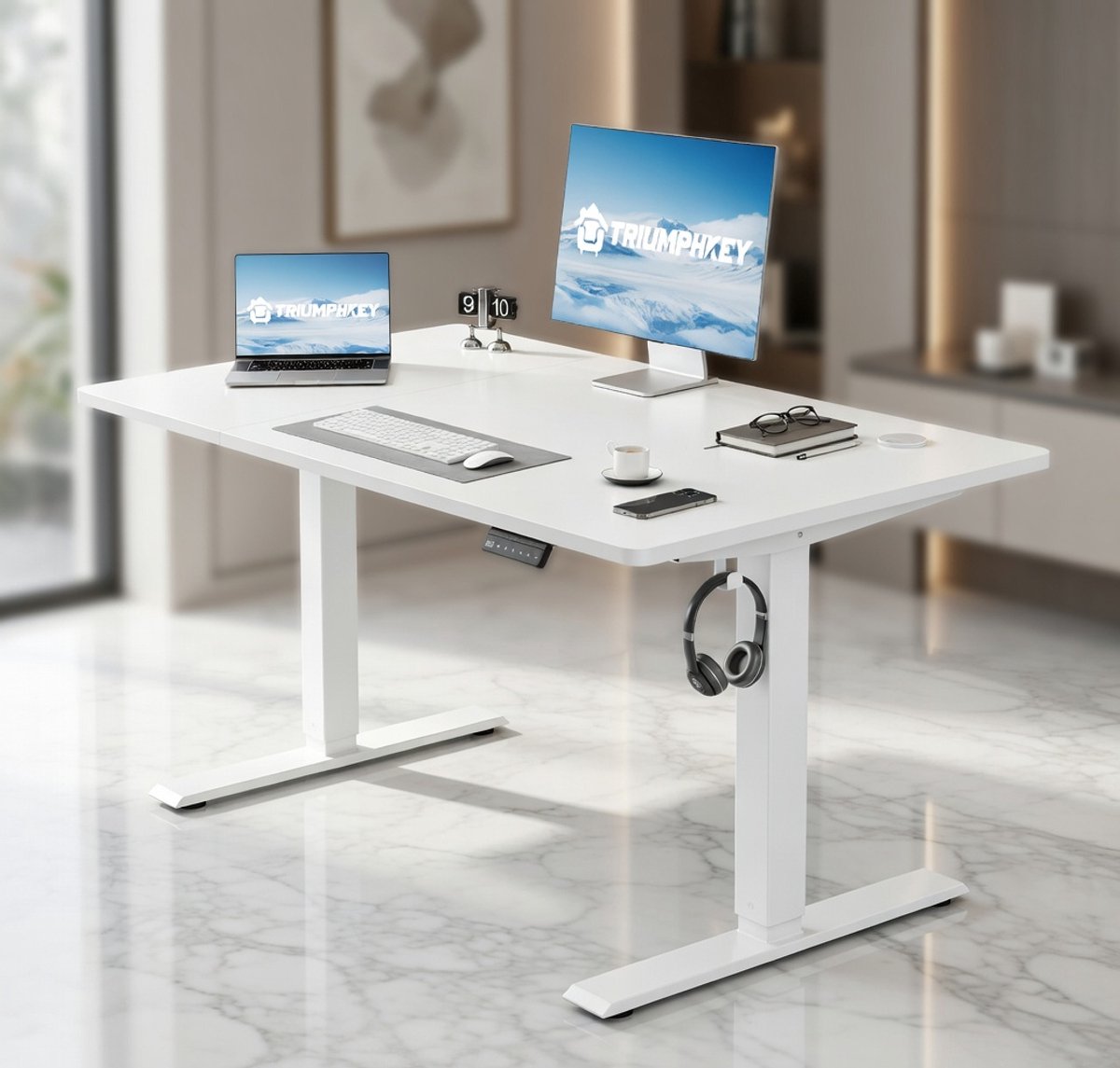 Ergonomisch Elektrisch In Hoogte Verstelbaar Bureau – Sta-bureau voor Thuiswerk, 110 x 60 cm, Wit – Computerbureau met Memoryfunctie en Stabiel Stalen Frame House&Garden
