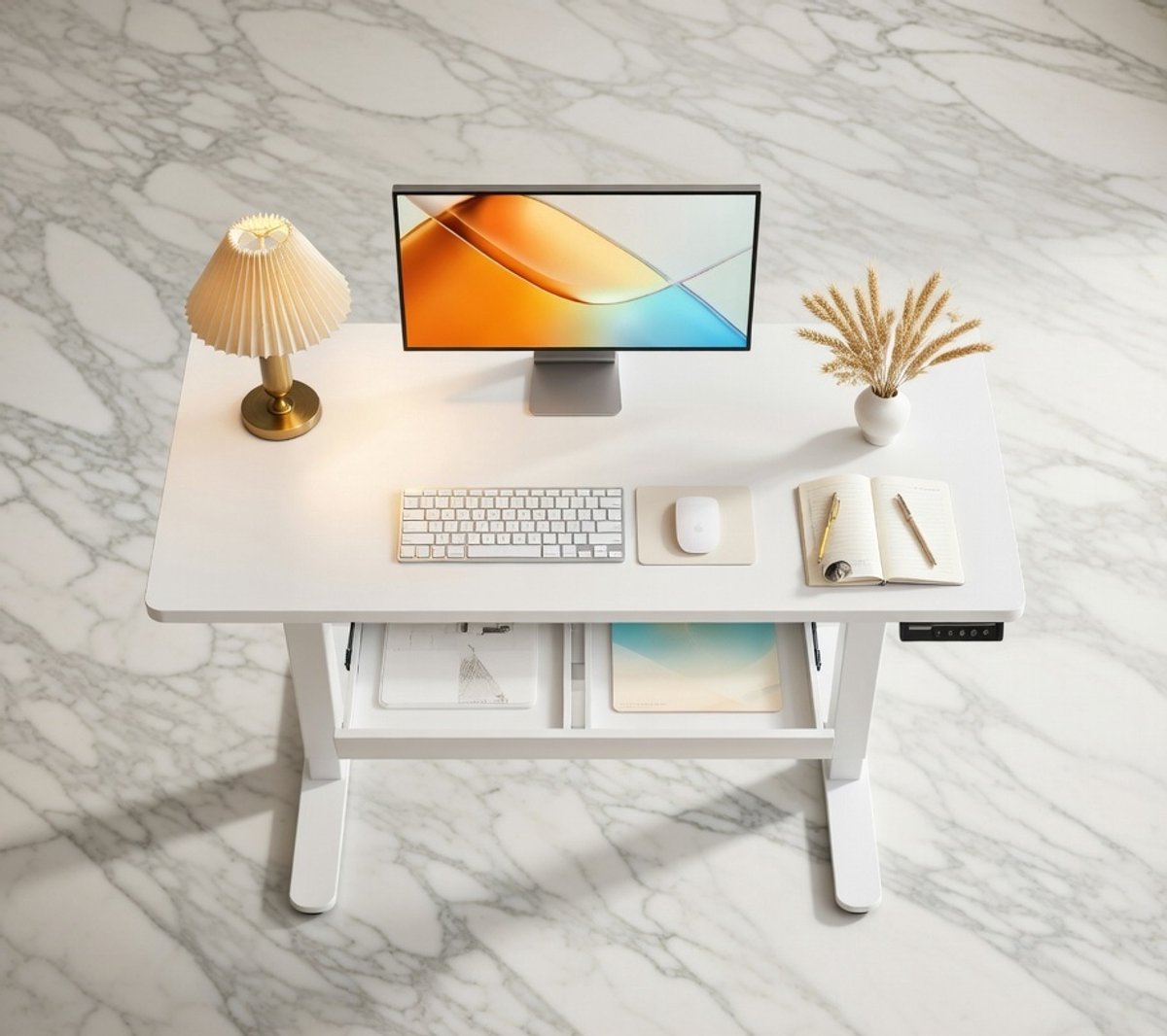 Premium Elektrisch In Hoogte Verstelbaar Bureau 160x80 cm – Modern Staand Bureau met Lade, T-vorm Frame, 4 Geheugenplaatsen, Fluisterstille Motor – Ergonomisch Zit-Sta Bureau voor Thuiswerk & Kantoor House&Garden
