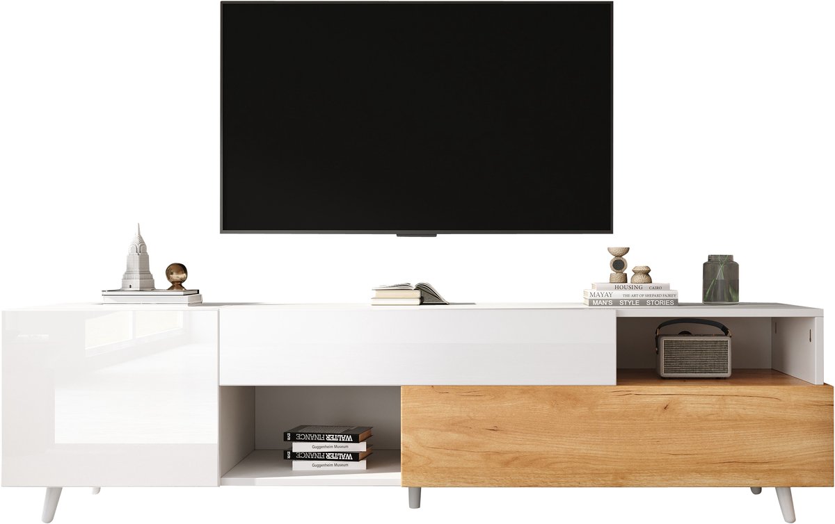 Wishdor Tv-Meubel - Hoogglans En Veel Opbergruimte - Modern - Woonkamer - Spaanplaat - Wit En Natuurlijke Houtkleur - 180 X 38 X 50 Cm Wit + Natuurlijk