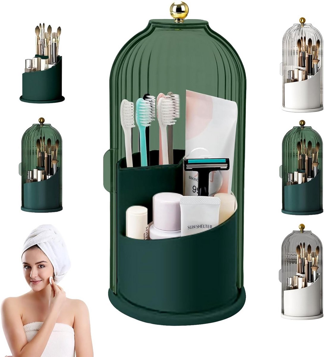 Verborgen Organizer - Borstelhouder - Badkamer Opslag - 360 Roterend Deksel - 12x12x27cm - Groen