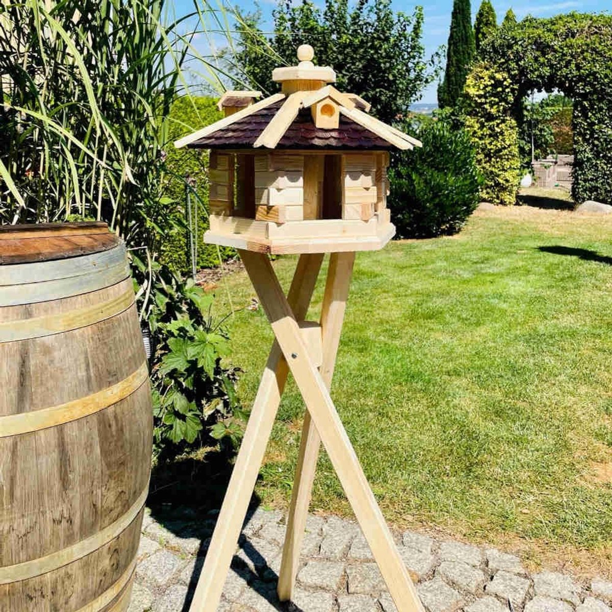 Houten Vogelhuis - Vogelvoederhuis - Tuin Decoratie - Handgemaakt Ontwerp - Groot Formaat - Natuurlijk Bruin