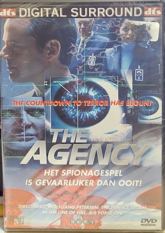De DVD-hoes van 'The Agency' toont een oog, gezichten en parachutisten. Tekst: 'The Countdown to Terror Has Begun!'.