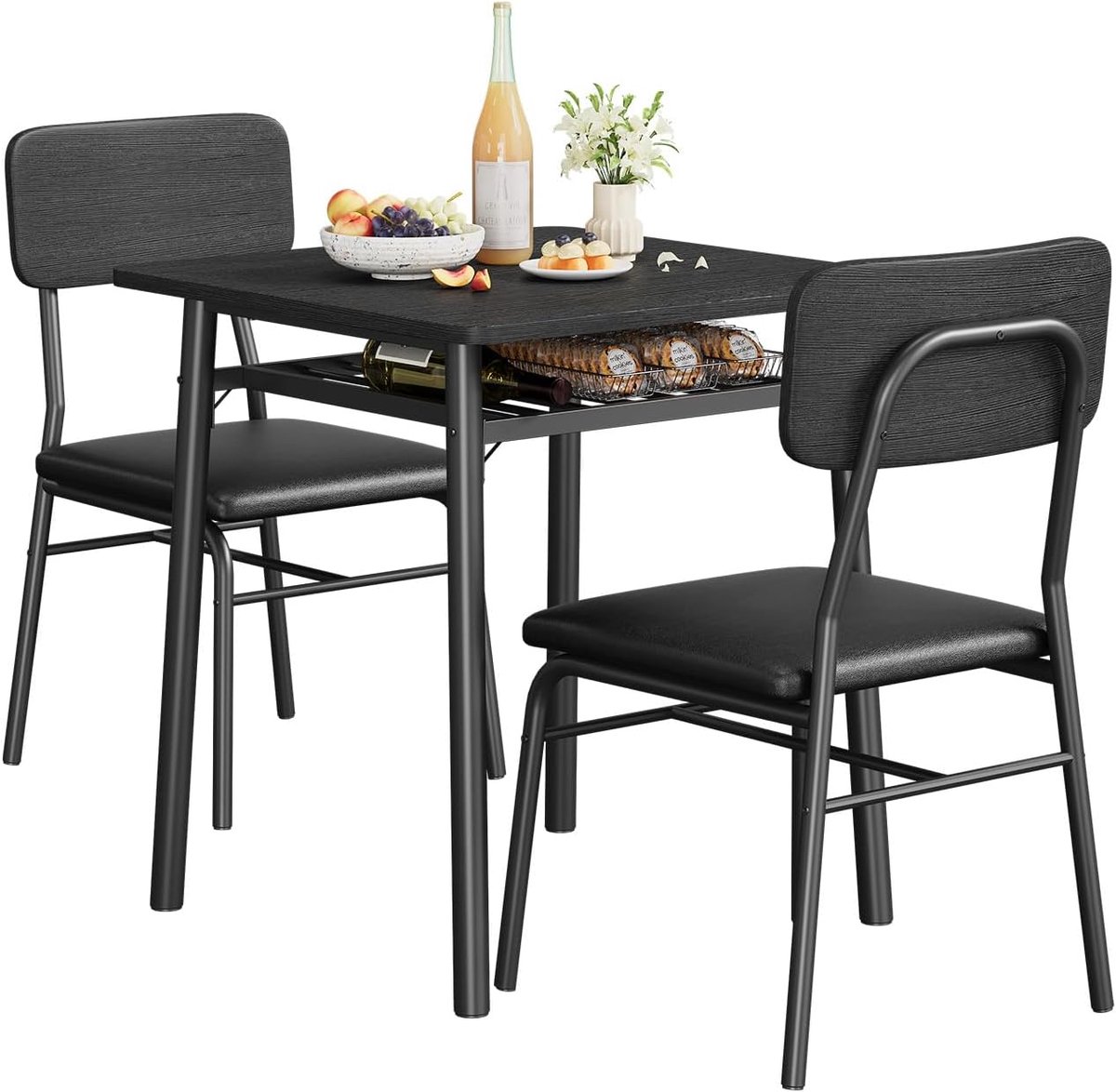 Compacte Eethoek voor 2 Personen - Eettafel met 2 Gestoffeerde Stoelen & Opbergrek - Zwart - Ruimtebesparend - Complete Keukentafel Set