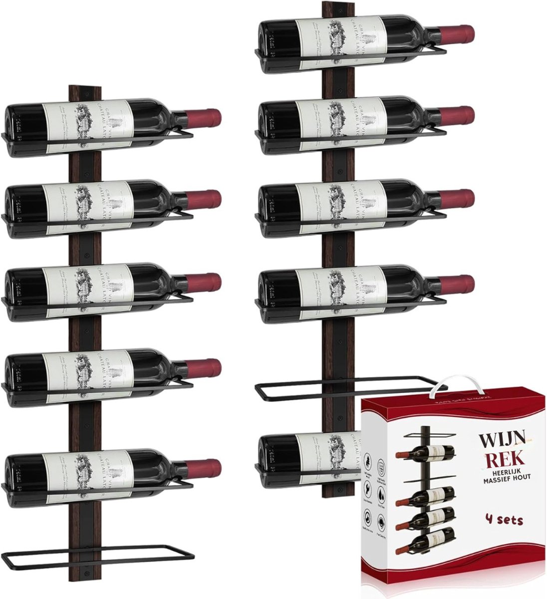 SVN® Wijnrek Muur - Wijnrek - Wijnrek Ophangbaar - Wijndisplay - met Wijnglasrailsen- Donkerbruin - 10cm x 27cm x 127cm