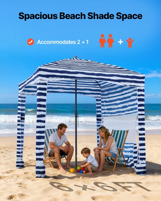 VEVOR Strandcabana, 183x183cm Strandluifel met Zijpaneel, UPF 50+ Zonbescherming, Strandpaviljoen met Zandzakken, Marineblauwe Strepen van Vevor — afbeelding 5