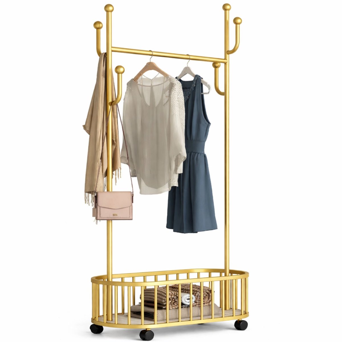 Arisa Home Kledinghangers- Goud-Wit - Kapstok met opberg mand - Multifunctionele Kledingrek - Kleding Hanger met opbergmand -kledingrek op wieltjes - 170x80x32cm