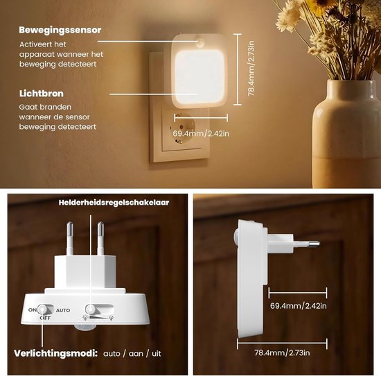 LED Nachtlampjes - Stopcontactlampjes - Veilig Navigeren - Met Bewegingssensor - 6.7 x 6 x 6 cm - Warm Wit — afbeelding 5