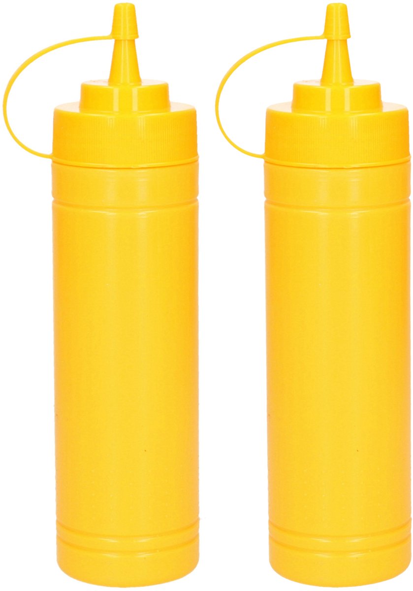 Plasticforte Doseerfles/sausfles - 2x stuks - kunststof - geel - met schenktuit - 500 ml - 23 cm