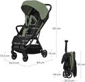Afmetingen van de groene en zwarte buggy, ook de afmetingen van de opgevouwen buggy.