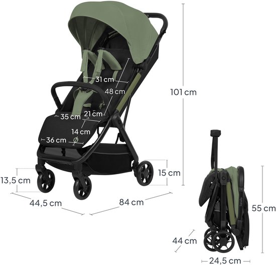 Afmetingen van de groene en zwarte buggy, ook de afmetingen van de opgevouwen buggy.