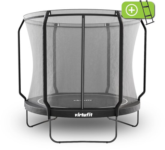 VirtuFit Premium Trampoline met Veiligheidsnet - Ø 251 cm Diameter - Incl. Beschermrand - Extra Veilig - Gratis trap - Water- en UV-bestendig - Max. 150 kg - Voor Kinderen en Volwassenen - Zwart