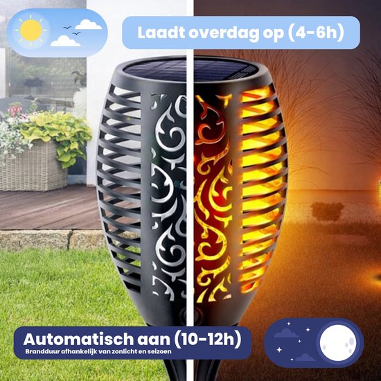 Tuinfakkel op zonne-energie: laadt overdag op (4-6 uur) en is automatisch aan (10-12 uur). Brandtijd afhankelijk van zonlicht en seizoen.