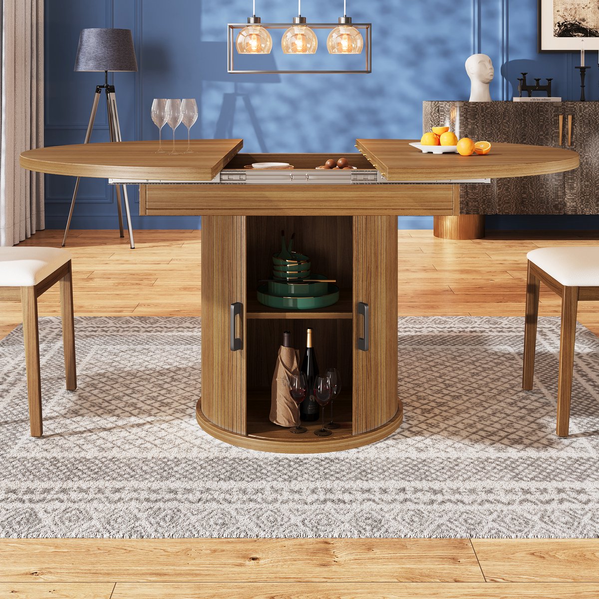 MODFU - Uitschuifbare Eettafel - Met Opbergruimte - Retro - Voor Eetkamer - MDF - Walnoot