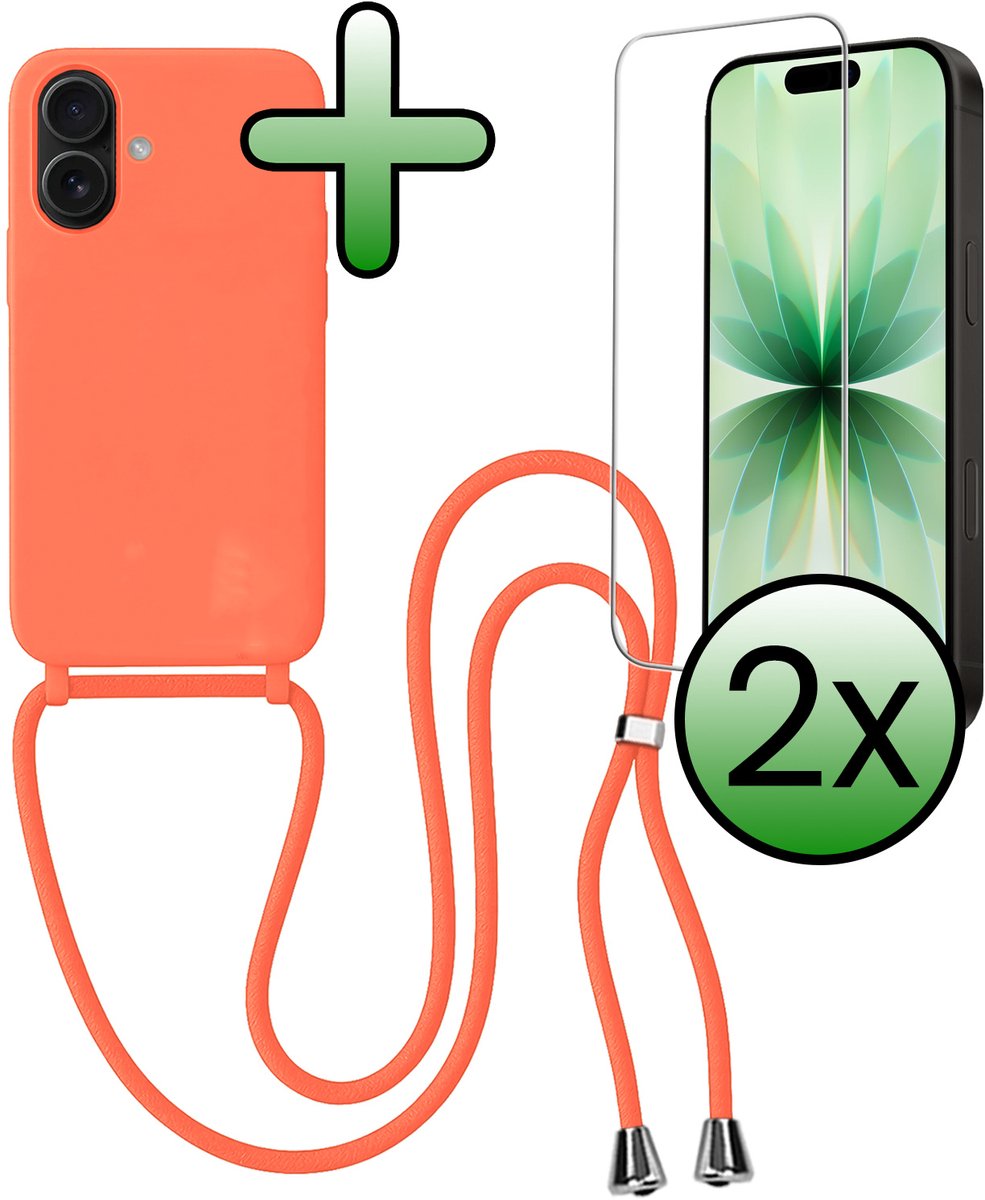 Hoes Geschikt voor iPhone 17 Hoesje Met Koord Met 2x Screenprotector - Telefoonhoesje Geschikt voor iPhone 17 Backcover Met Afneembaar Koord - Papaya