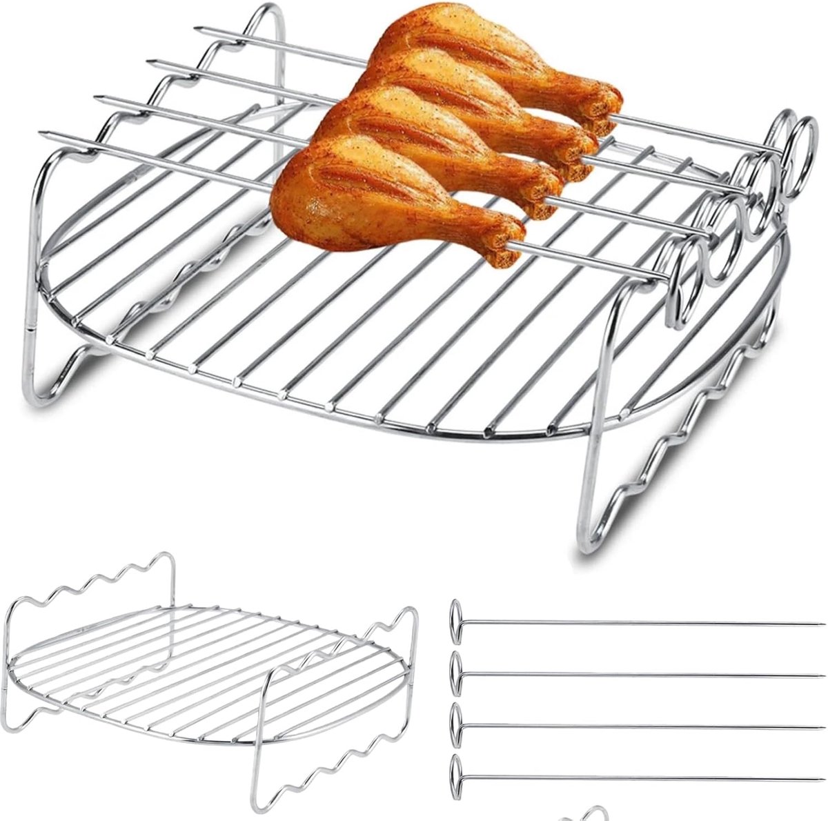 BBQ Rek - Roestvrij Staal - Ribs Grillen - Dubbellaags Ontwerp - 17x16x7 cm - Zilver