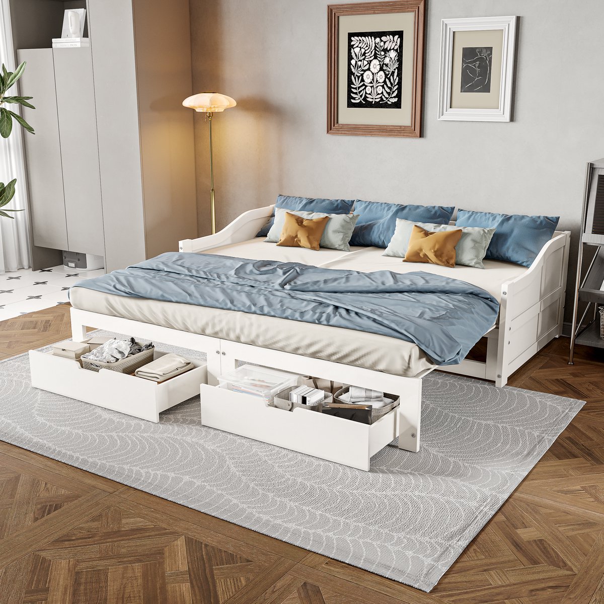 Solvenrik Daybed 90x200 – Uitschuifbaar tot 180x200 – met Lades – Massief Hout – Wit