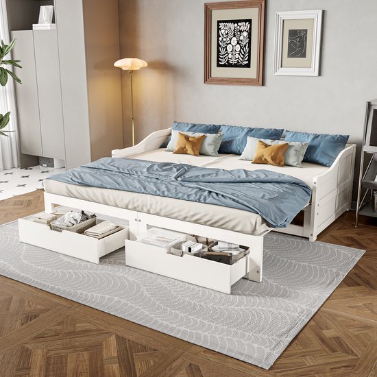 Daybed 90x200 – Uitschuifbaar tot 180x200 – met Lades – Massief Hout – Wit
