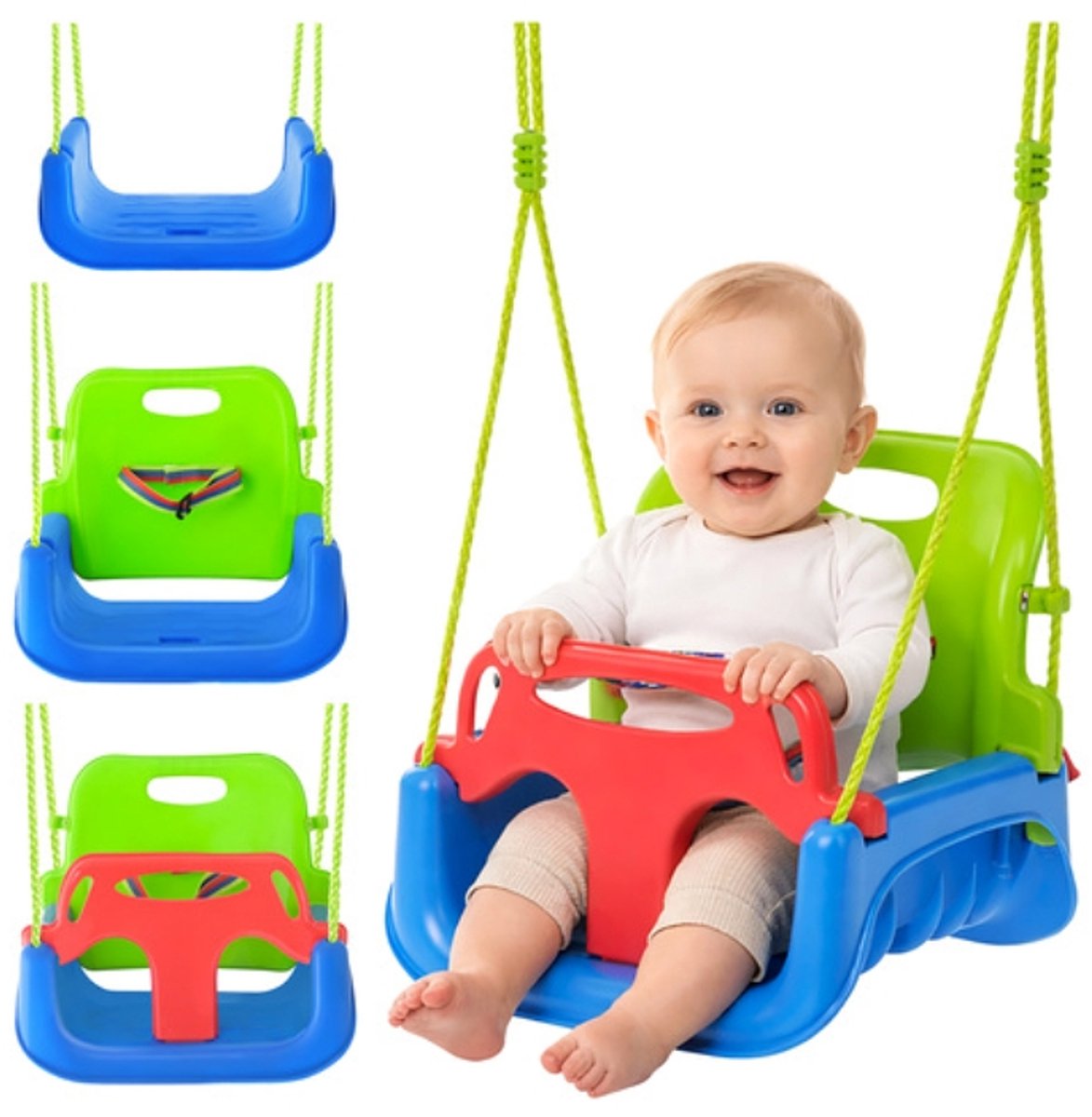 3-in-1 Kinderschommel met Veiligheidsbeugel & Rugleuning – Verstelbare Touwen 120-150 cm – Binnen & Buiten – Max 30 kg – peuter schommel veilig –baby schommel stoel – kinder schommel verstelbaar – schommel met rugleuning – 62774