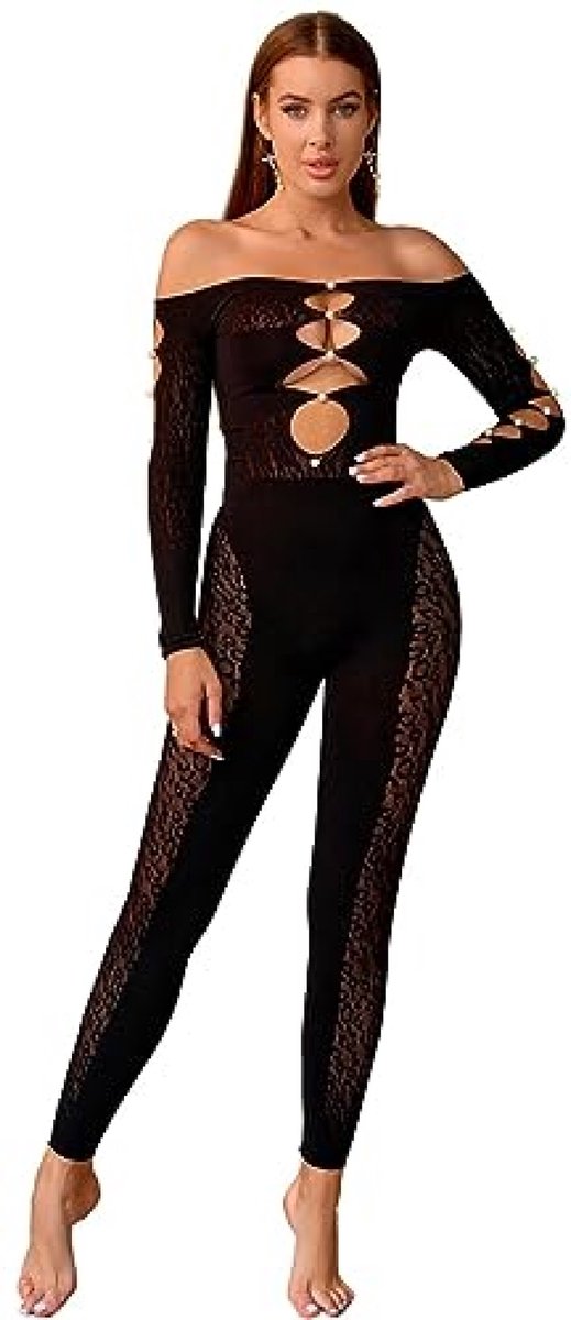 Verleidelijk kanten bodystocking met parels en lange mouwen - Eendelig lingeriestuk voor speciale momenten