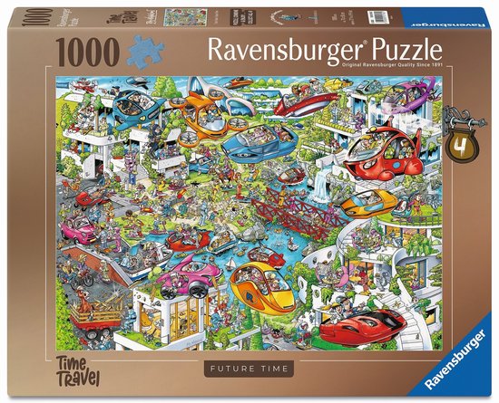 Ravensburger 1000-delige puzzel van 'Future Time' met futuristische voertuigen en dieren.