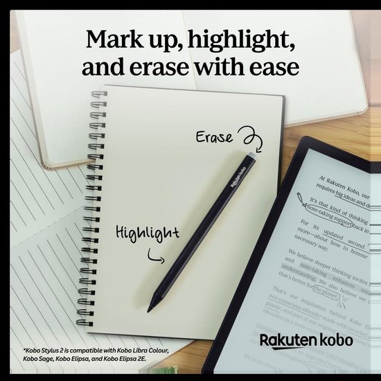 Kobo Stylus 2 Pen voor eReader - Zwart - Oplaadbaar - Markeerknop - Gum