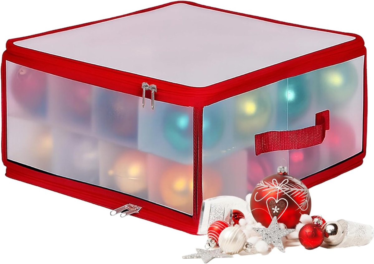 RWB® Kerstballen Opbergbox - Kerstballen Opbergkrat - Kerstballen Opbergkist - Transparant en Rood - 36 x 36 x 18 cm