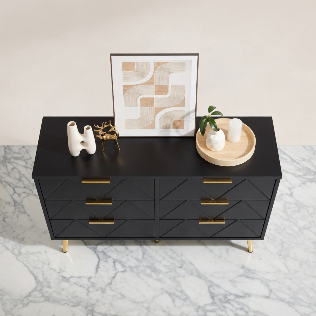 EleganceSix Ladekast 6 Laden – Novihome – Modern Dressoir / Opbergkast / Slaapkamercommode – Zwart Hout – Brede Commode met Gouden Accenten – 100 x 75 x 34 cm – Slaapkamer, Woonkamer en Kantoor-NoviHome