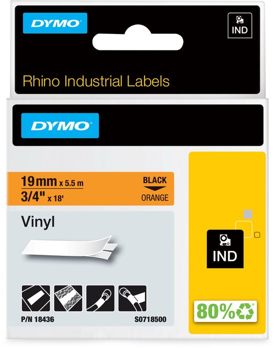 Verpakking met DYMO Rhino labels: 19mm x 5,5m, zwart op oranje vinyl. Met logo's en productinformatie.