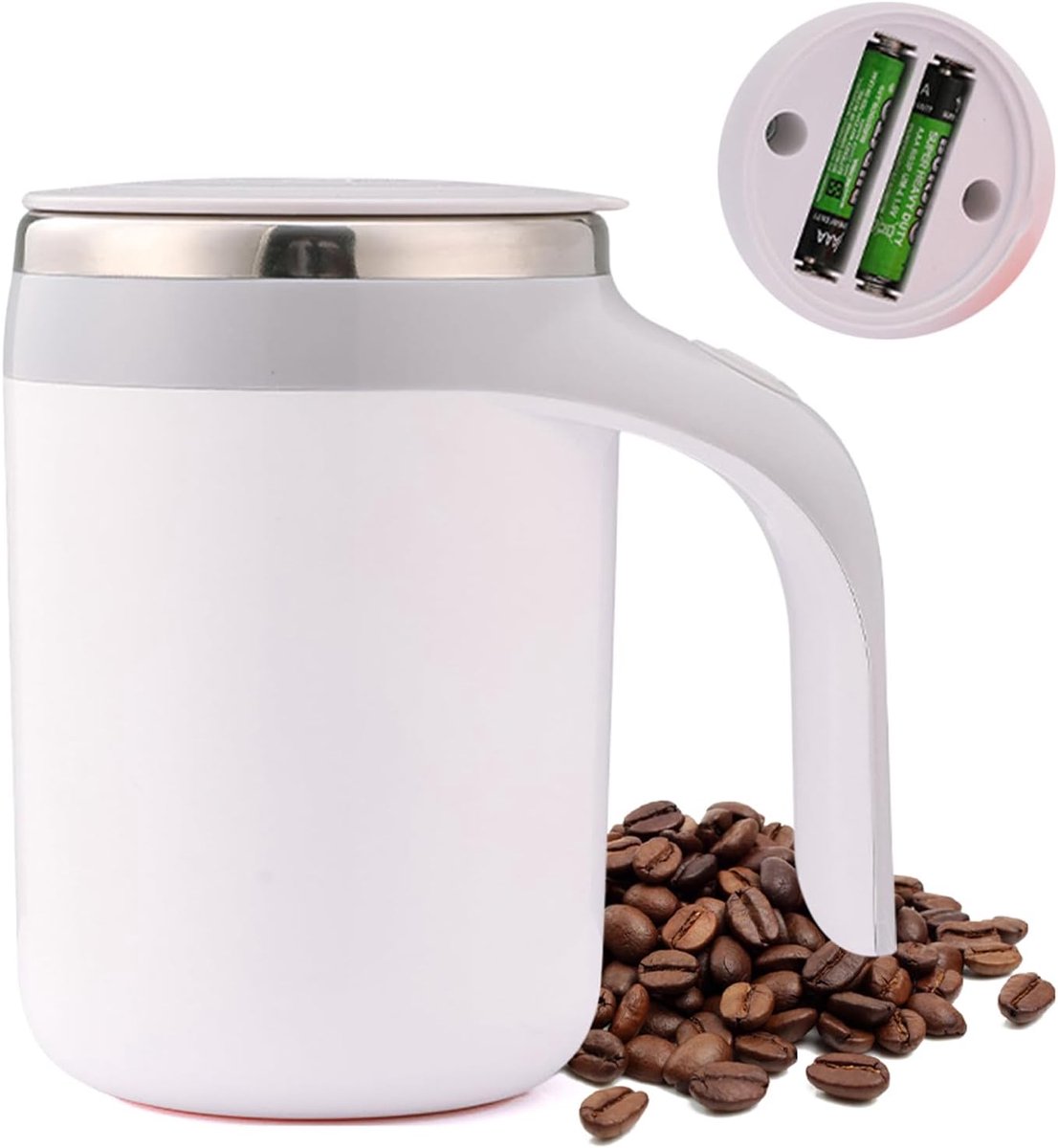 Thermische koffiemok 380ml – Automatisch roerend, dubbelwandig RVS, wit
