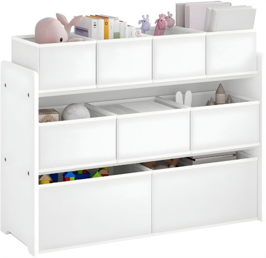 Witte speelgoedkast met negen vakken, gevuld met speelgoed zoals een roze walvis, knuffels, boeken en blokken.