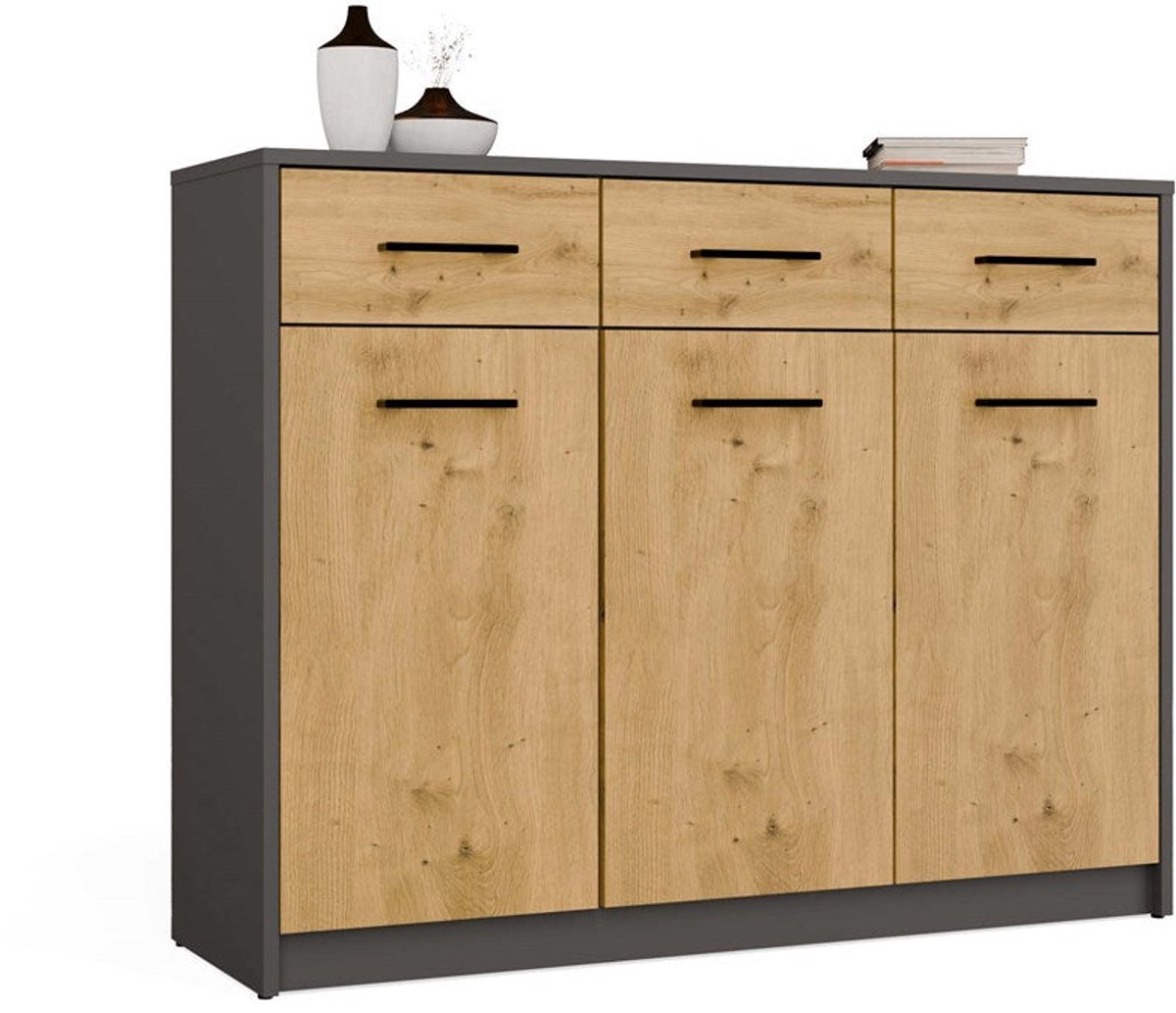 Moderne ladekast Simplo 3D3S met 3 deuren & lades | Kleur: Antraciet & Ambachtelijk Eiken
