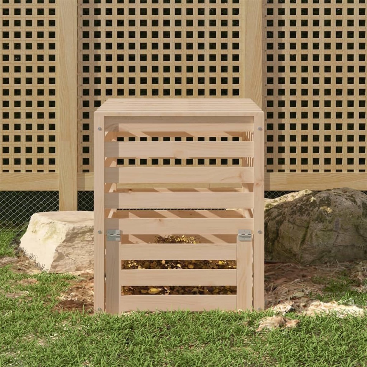 Compostbak - Afvalbak Tuin - Composteren Afval - Lattendesign Luchtcirculatie - 63 5x63 5x77 5cm - Houtkleur