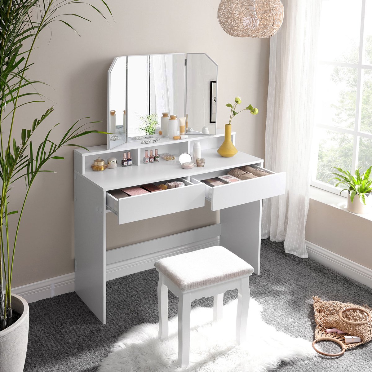 Parya Home Kaptafel, kaptafel met opklapbare spiegel en 2 laden, cosmetische tafel met 3 open compartimenten, kaptafel, voor make-up, modern, wit