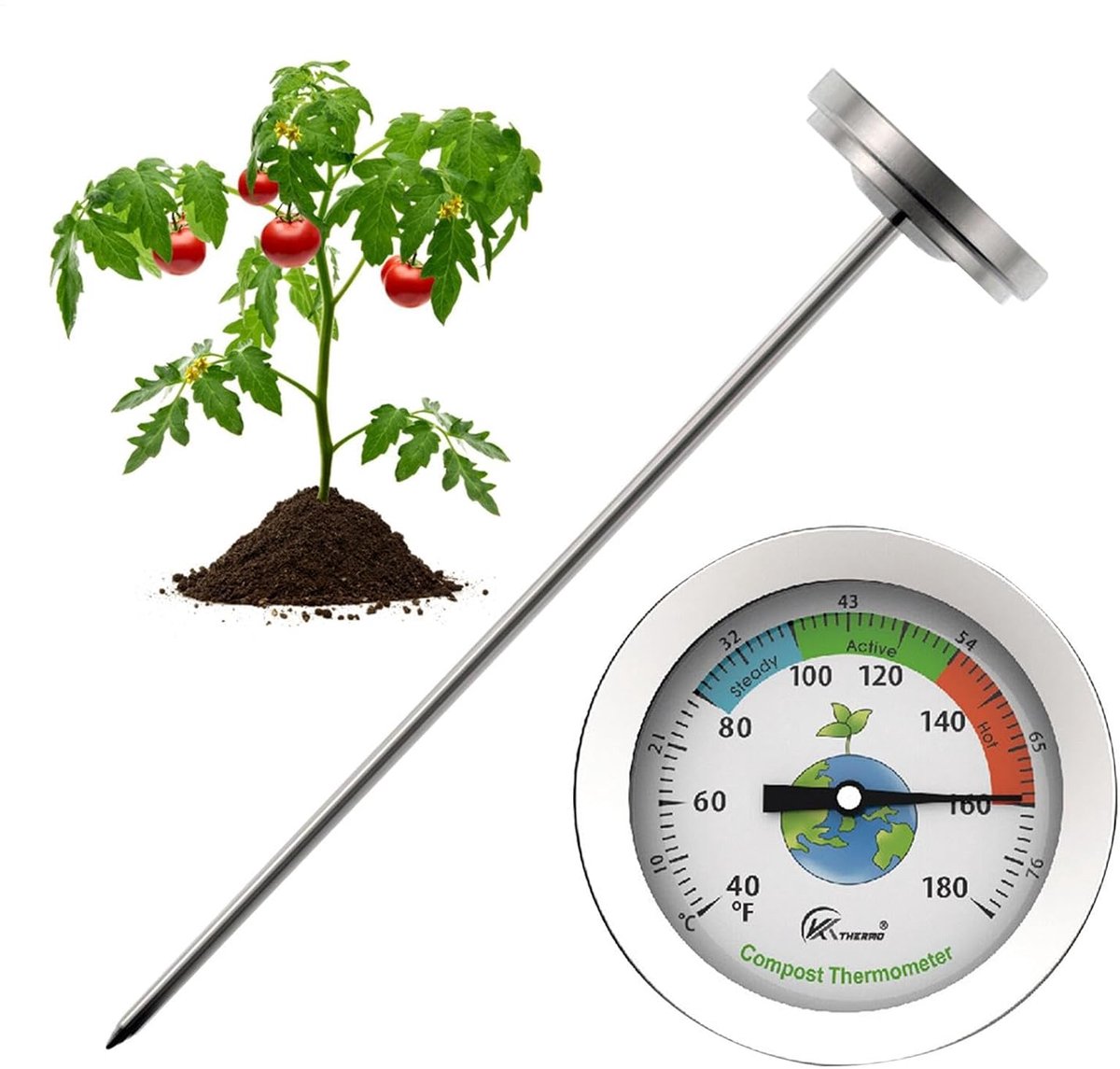 Bodemthermometer - Grondmeter - Compost Monitoren - Roestvrij Staal - 18 cm