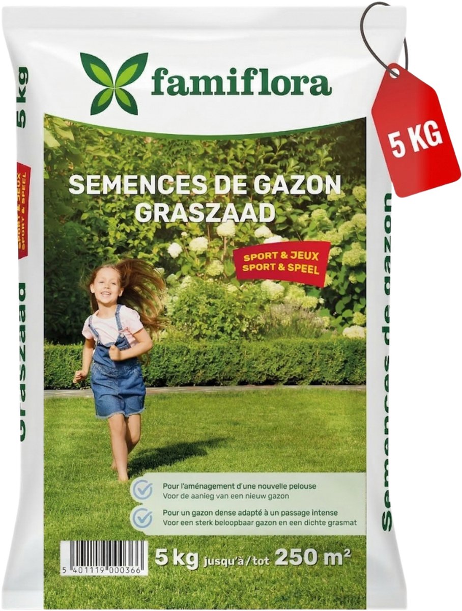 Famiflora graszaad 5kg tot 250m² - Speel & Sport - voor aanleg nieuw gazon - Maakt een sterk en beloopbaar gazon zodat kinderen veilig kunnen spelen