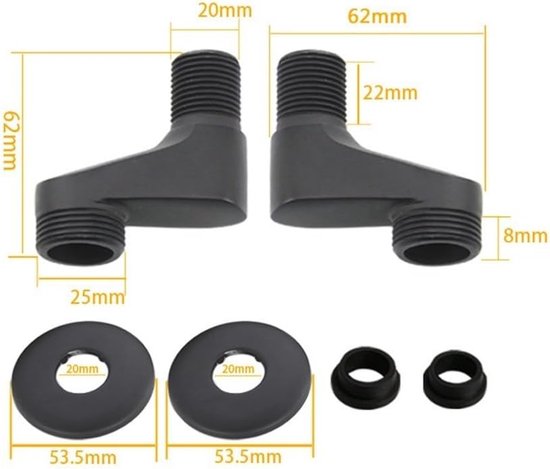 Zwarte douchekraan aansluitingen met afmetingen: 62mm, 25mm, 20mm, 22mm en 8mm. Met twee rozetten en twee ringen.