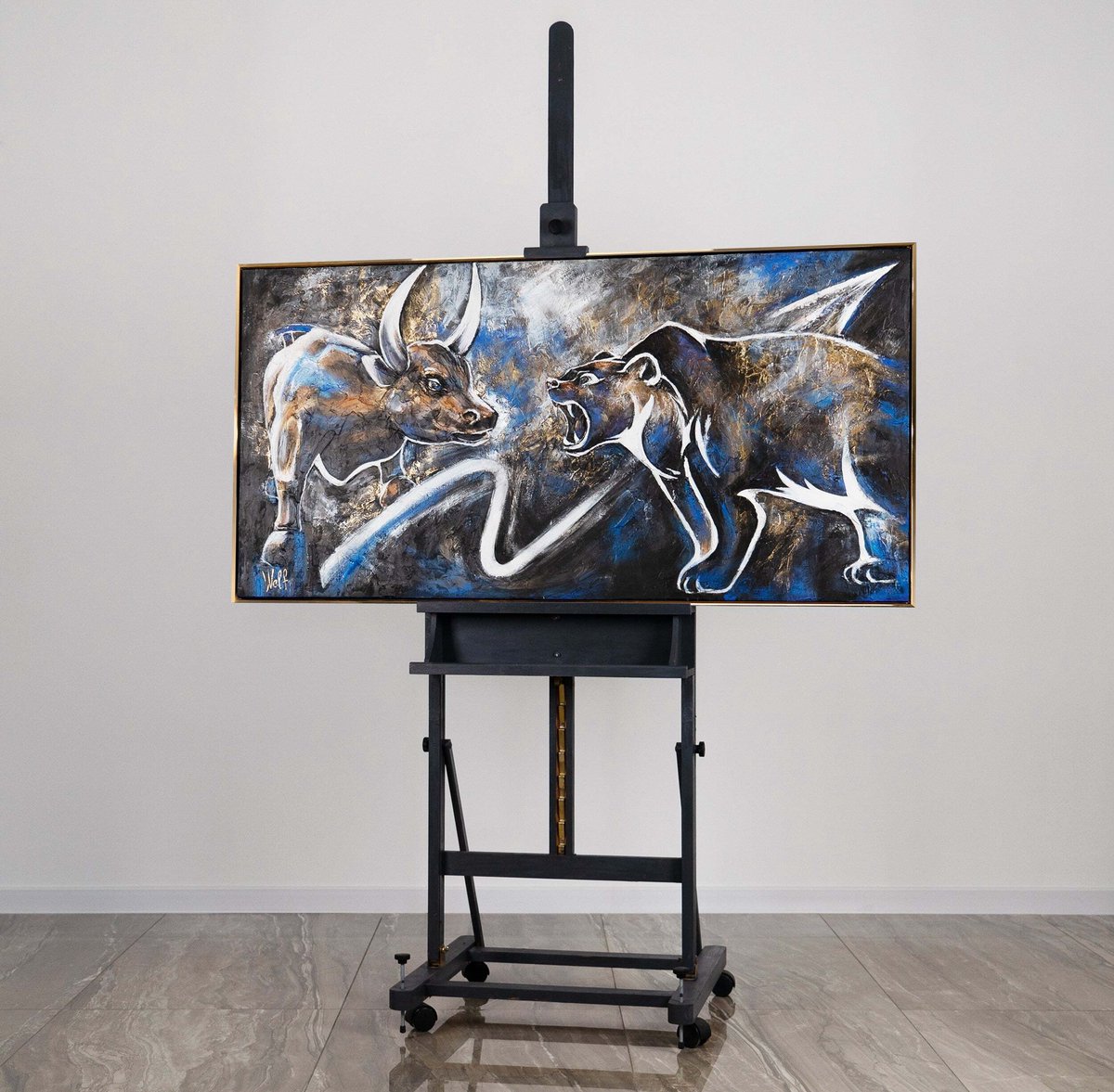 YS Canvas schilderij 140x70 cm handgeschilderd beurs financieel abstract – YS-Art Gallery – Dynamische wanddecoratie voor woonkamer – Modern schilderij voor kantoor en hal Gold